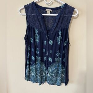 Lucky Brand Navy Floral Lace Blouse, sleeveless, Size L